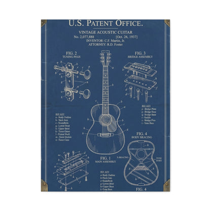 Vintage Acoustic Guitar Patent Blueprint Wall Art & Canvas Print