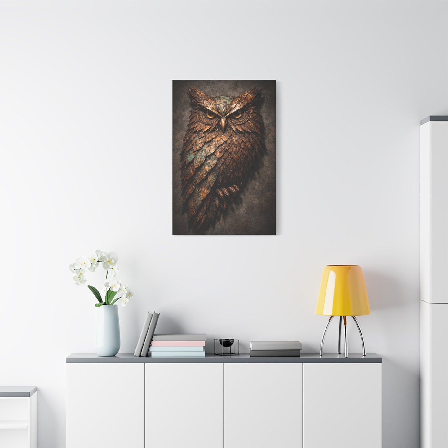 Rustic Metal Feather Owl Sculpture Wall Art & Canvas Print