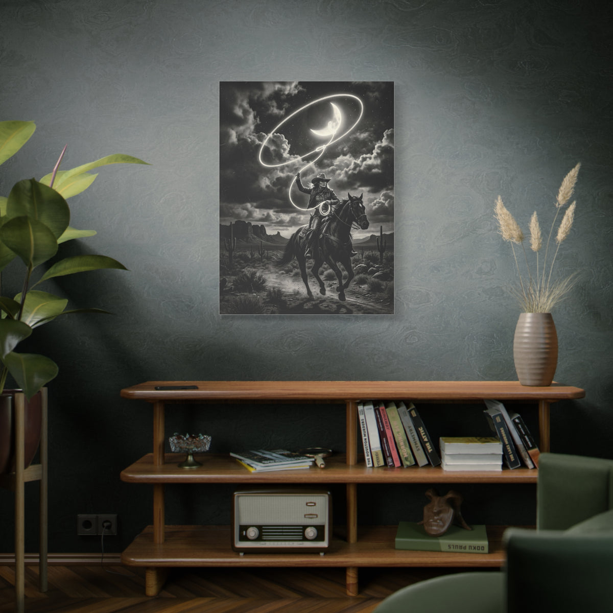 Moon Lasso Cowgirl Night Scene Wall Art & Canvas Print