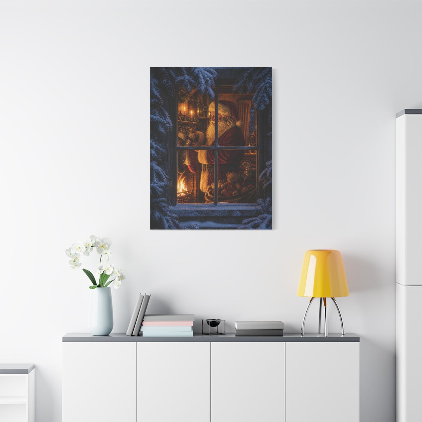 Snowy Cottage Window Santa Scene Wall Art & Canvas Print