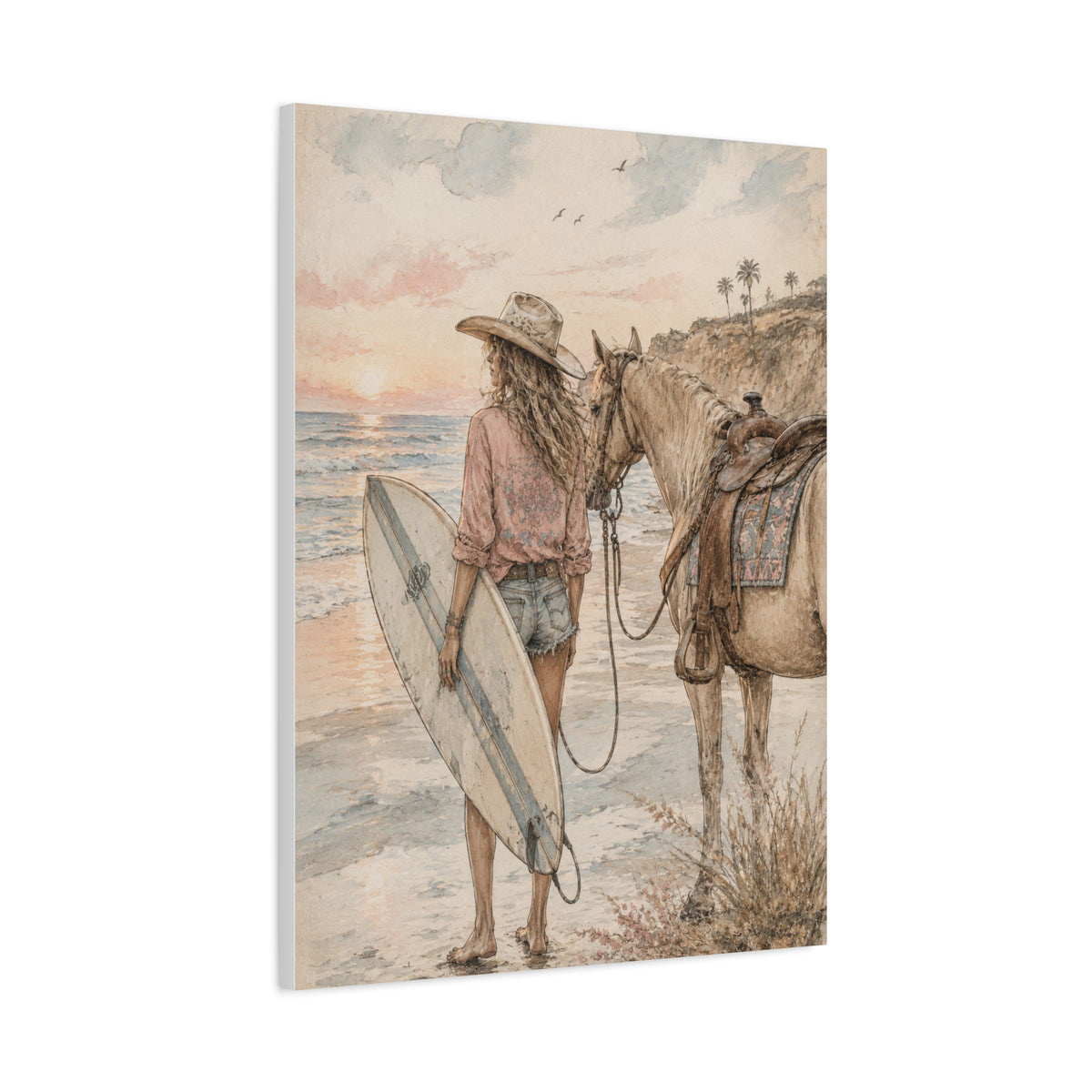 Surf Cowgirl Beach Horizon Scene Wall Art & Canvas Print