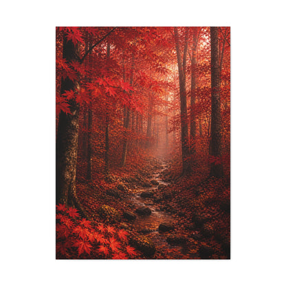 Crimson Autumn Forest Stream Wall Art & Canvas Print