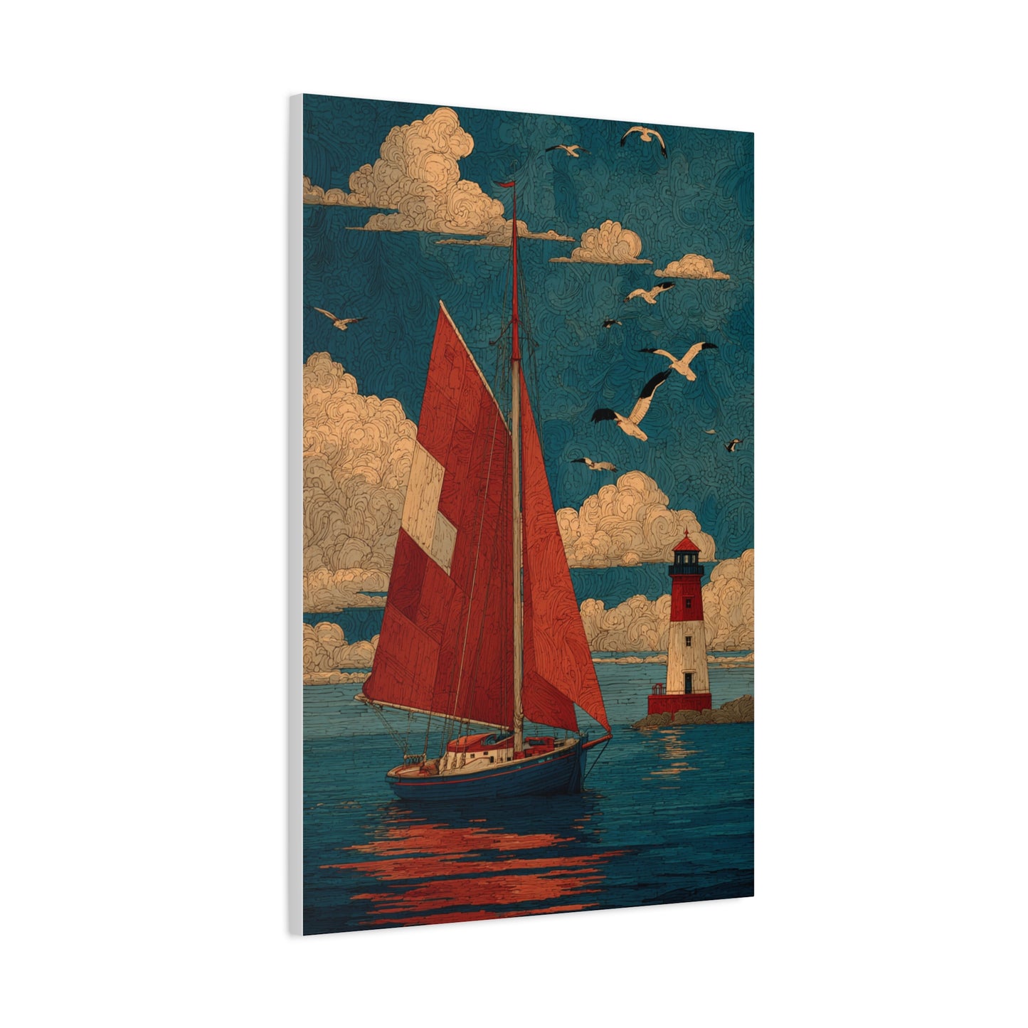 Primitive Coastal Sailboat Folk Wall Art & Canvas Print