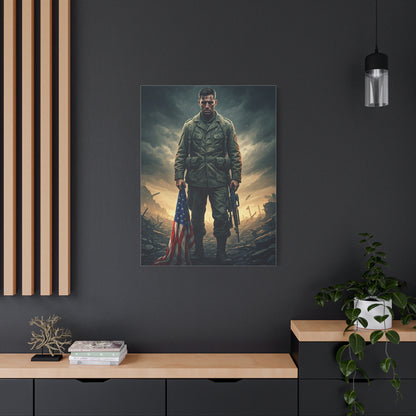 Soldier Standing With Flag of Courage Wall Art & Canvas Prints
