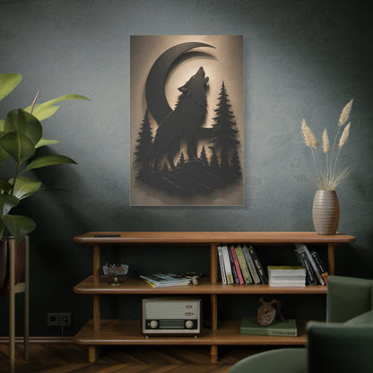 Matte Black Howling Wolf Moon Silhouette Wall Art & Canvas Print