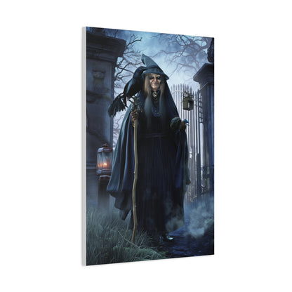 Witch with Raven at the Moonlit Cemetery Gate Wall Art & Canvas Print