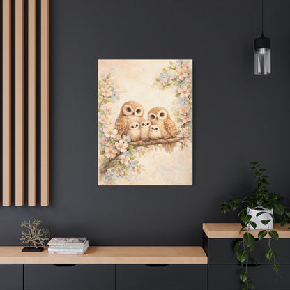 Whimsical Owl Family Blossom Scene Wall Art & Canvas Print