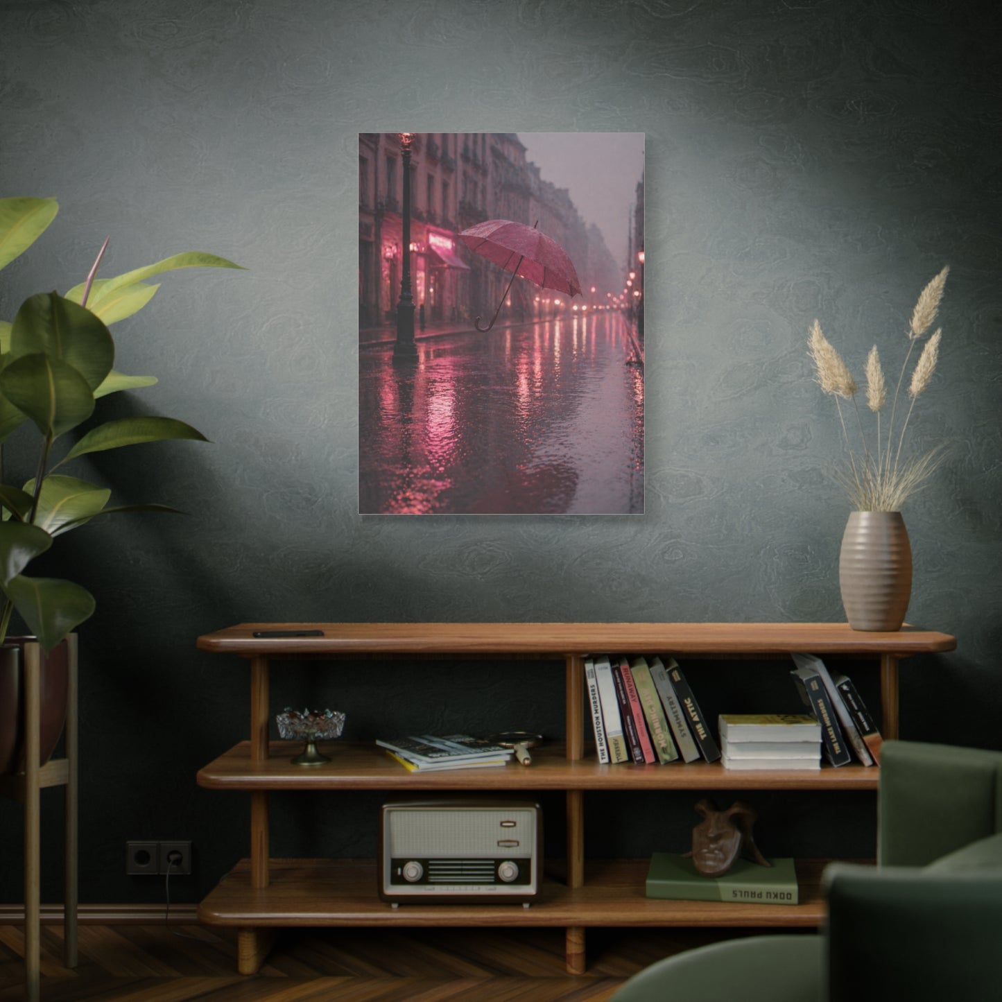 Dreamy Pink Umbrella Rain Scene Wall Art & Canvas Print