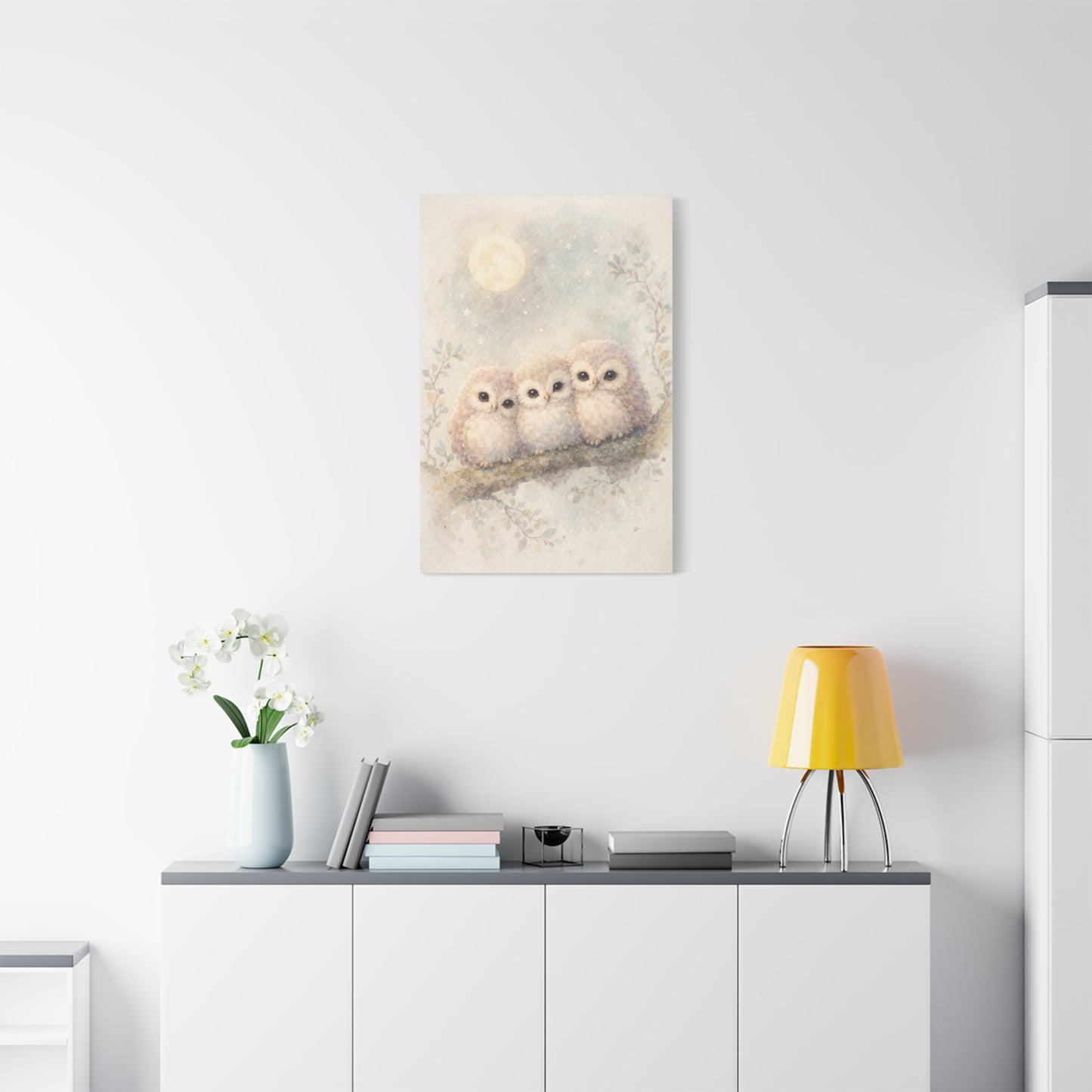 Moonlit Owlet Trio Watercolor Wall Art & Canvas Print