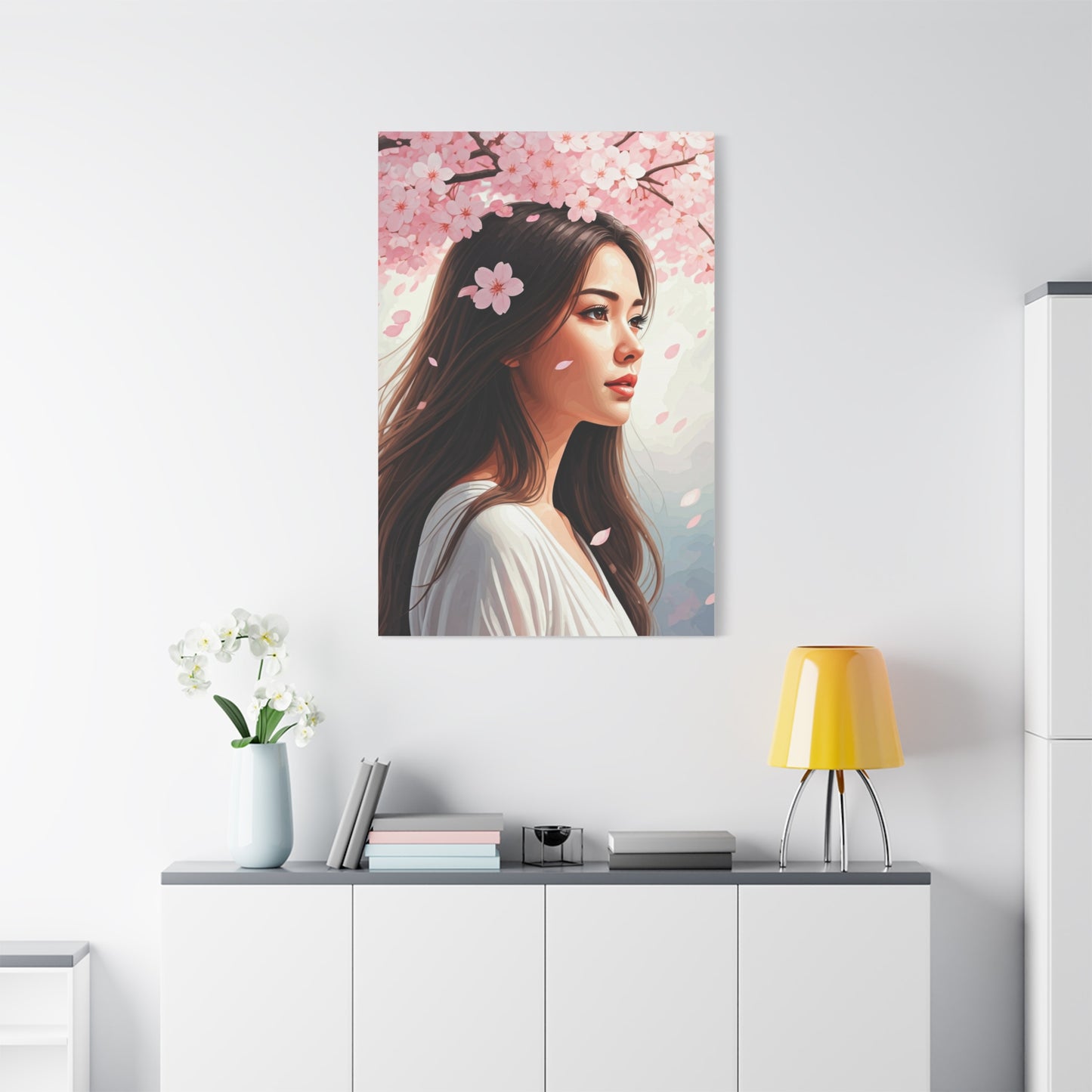 Woman Beneath Falling Cherry Blossoms Wall Art & Canvas Prints