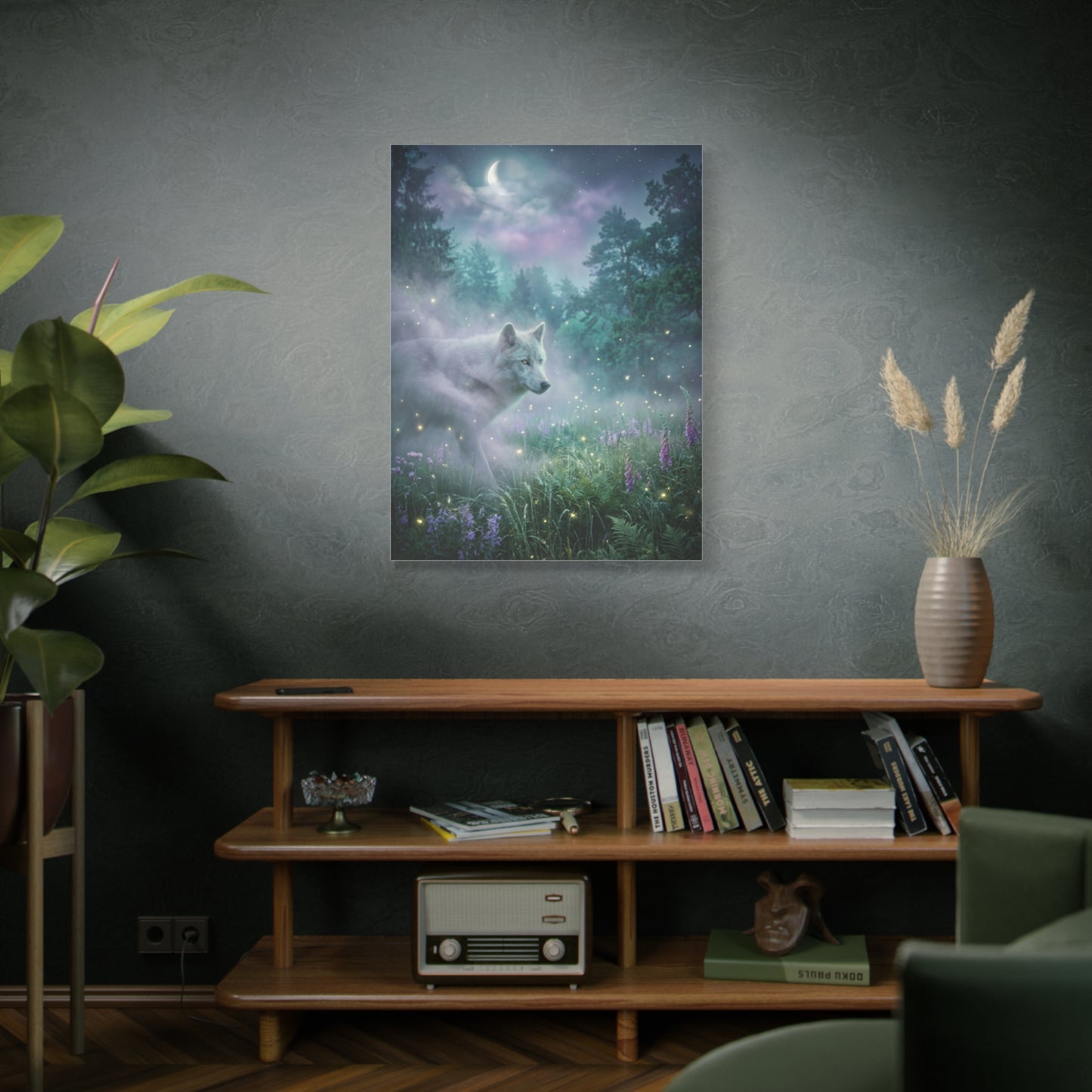 Ethereal White Wolf Moonlit Meadow Scene Wall Art & Canvas Print