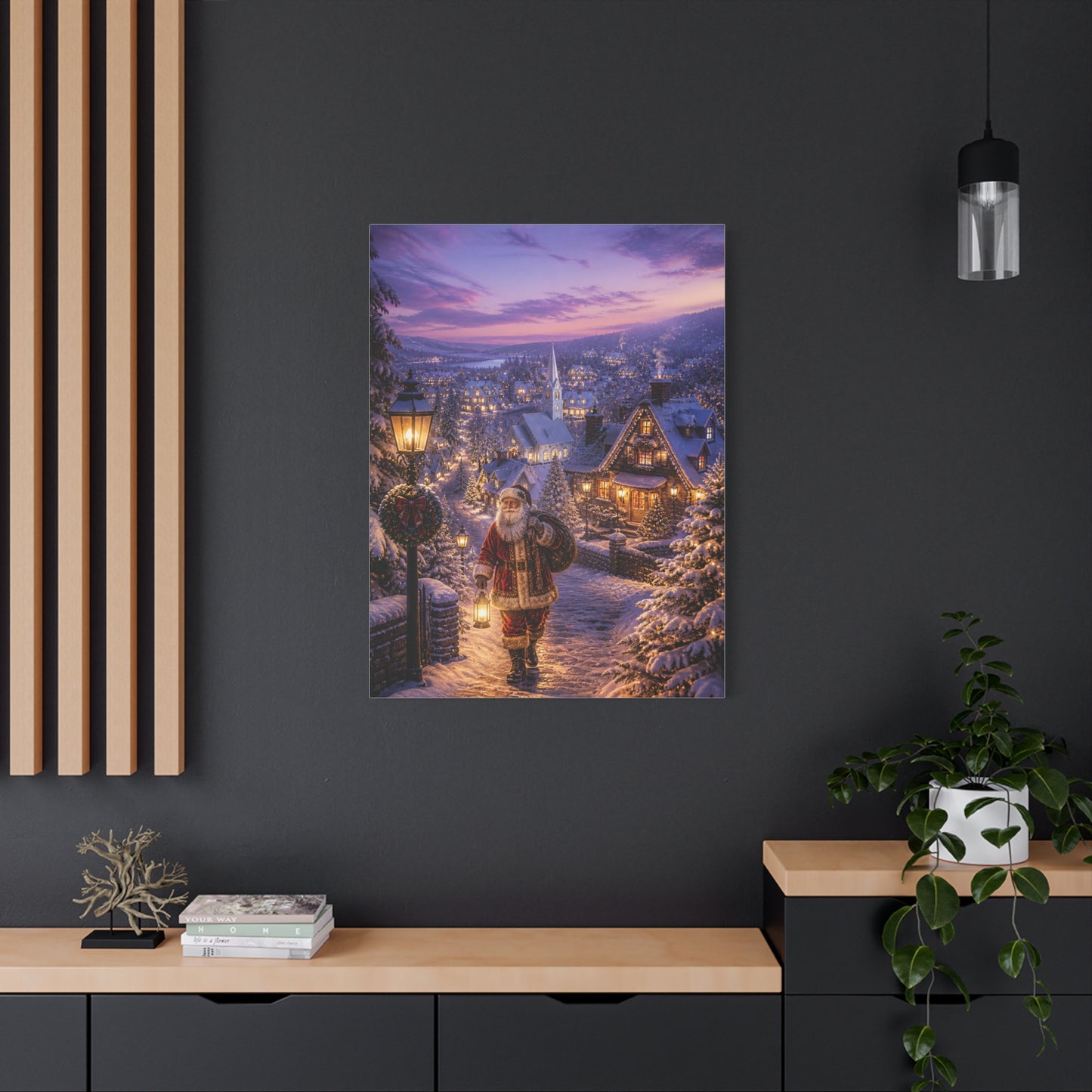 Snowy Village Santa Lantern Walk Wall Art & Canvas Print