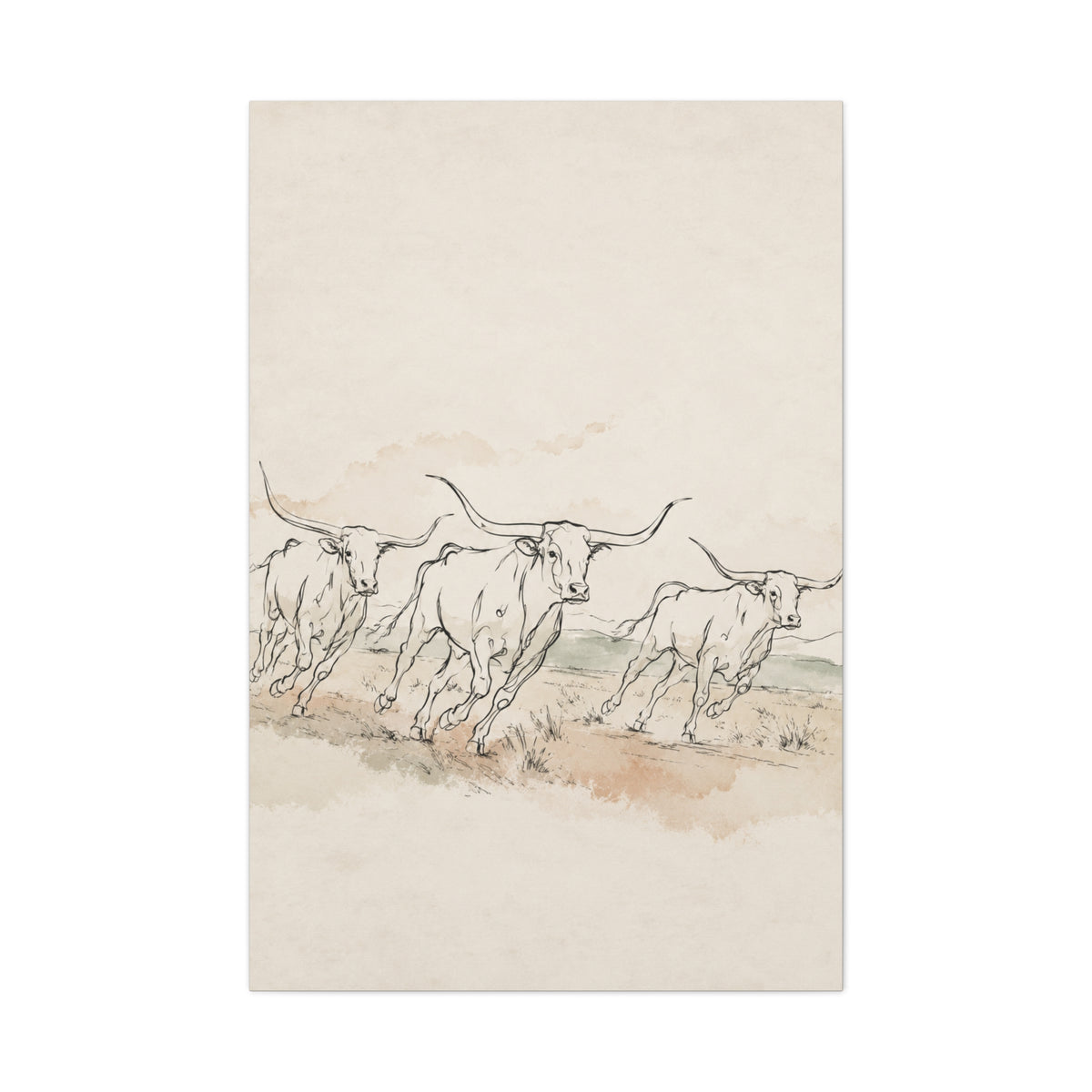 Running Longhorn Line Sketch Panorama Wall Art & Canvas Print