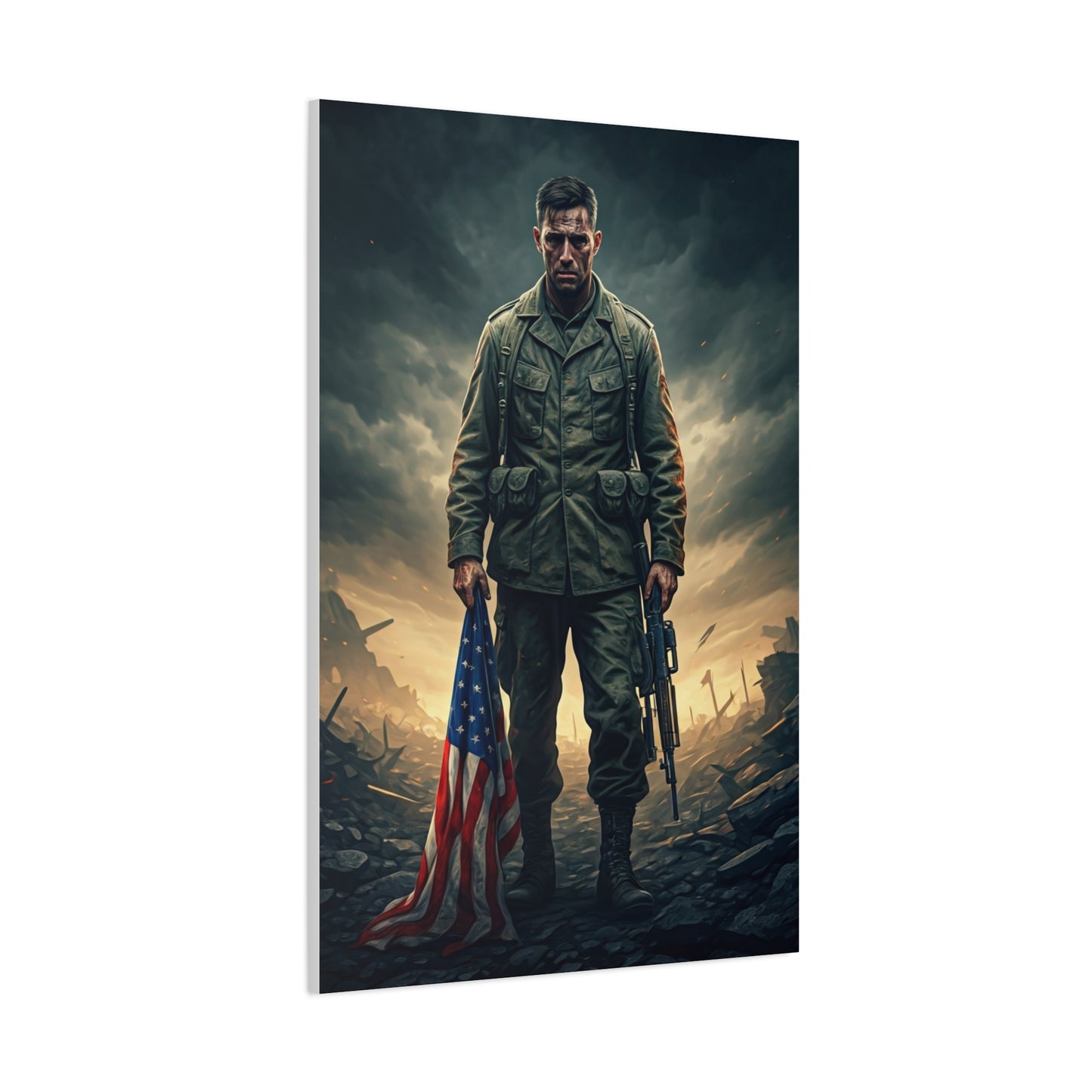 Soldier Standing With Flag of Courage Wall Art & Canvas Prints
