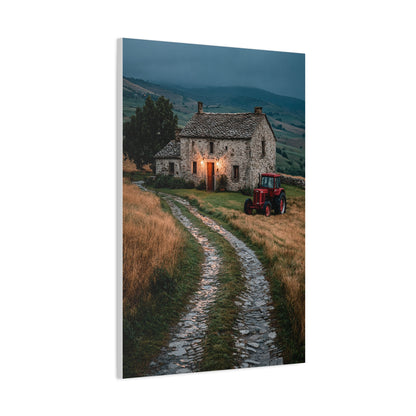 Stone Farmhouse with Red Tractor Landscape Wall Art & Canvas Print