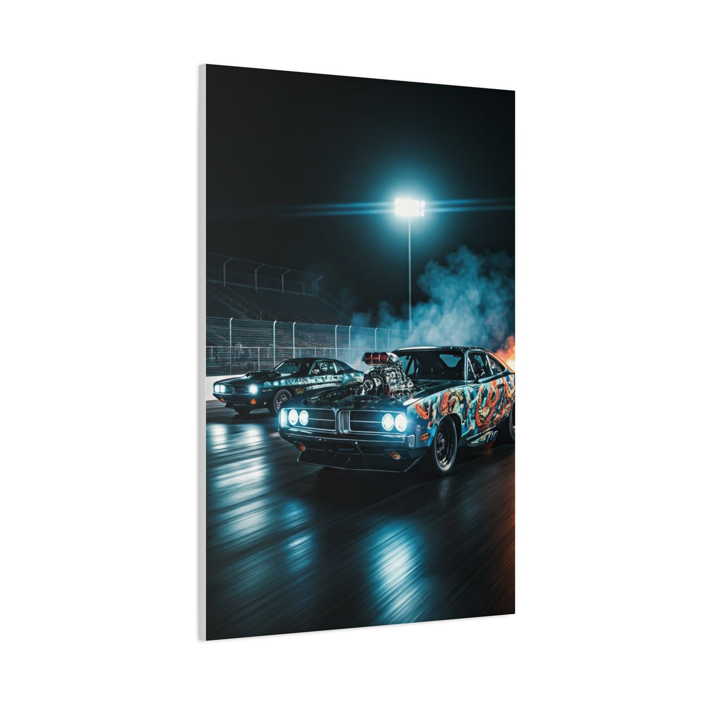 1970 Dodge Charger R/T vs 1970 Plymouth Barracuda Night Drag Duel Wall Art & Canvas Prints