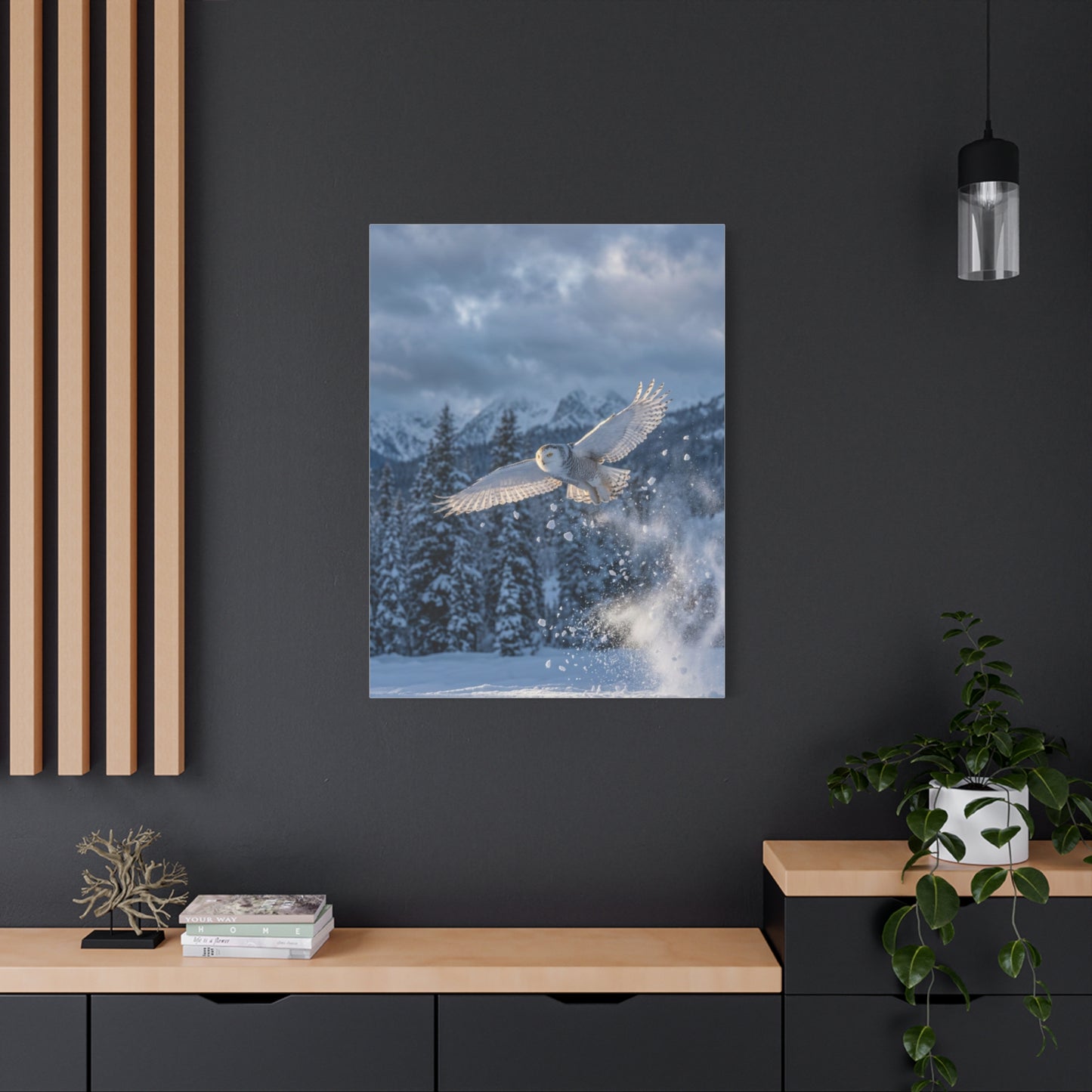 Snowy Owl Mountain Flight Wall Art & Canvas Print