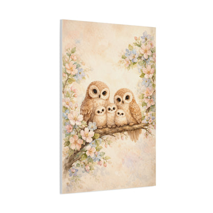Whimsical Owl Family Blossom Scene Wall Art & Canvas Print