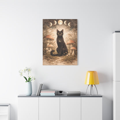 Mystical Boho Black Cat and Mushroom Night Scene Wall Art & Canvas Print