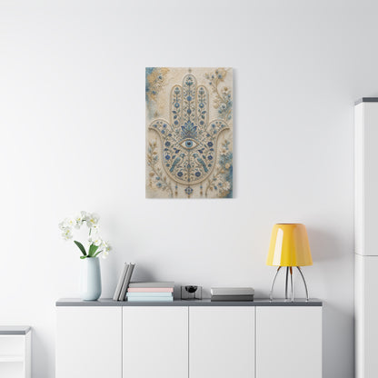 Blue Floral Hamsa Sacred Symbol Wall Art & Canvas Print