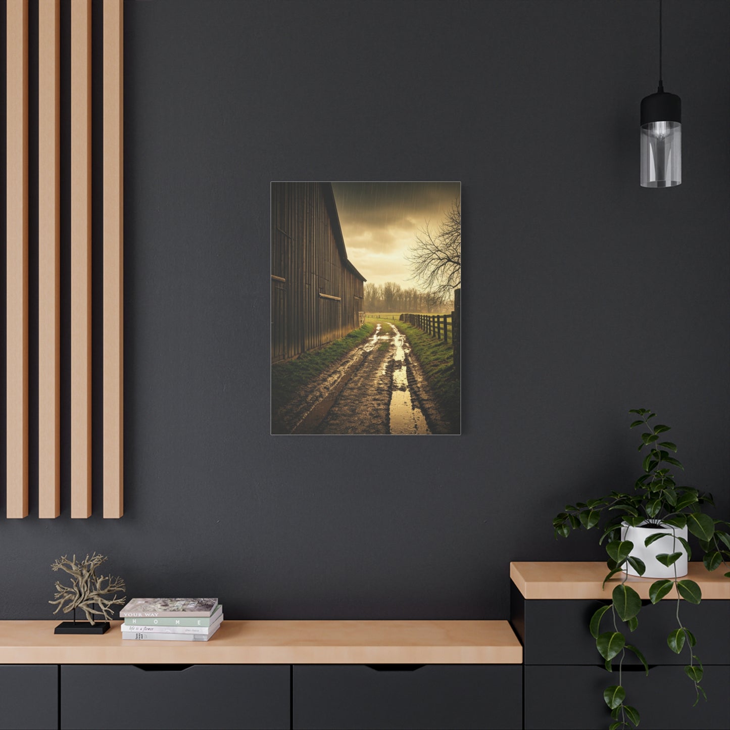 Rain-Soaked Farm Road Beside the Barn Wall Art & Canvas Prints