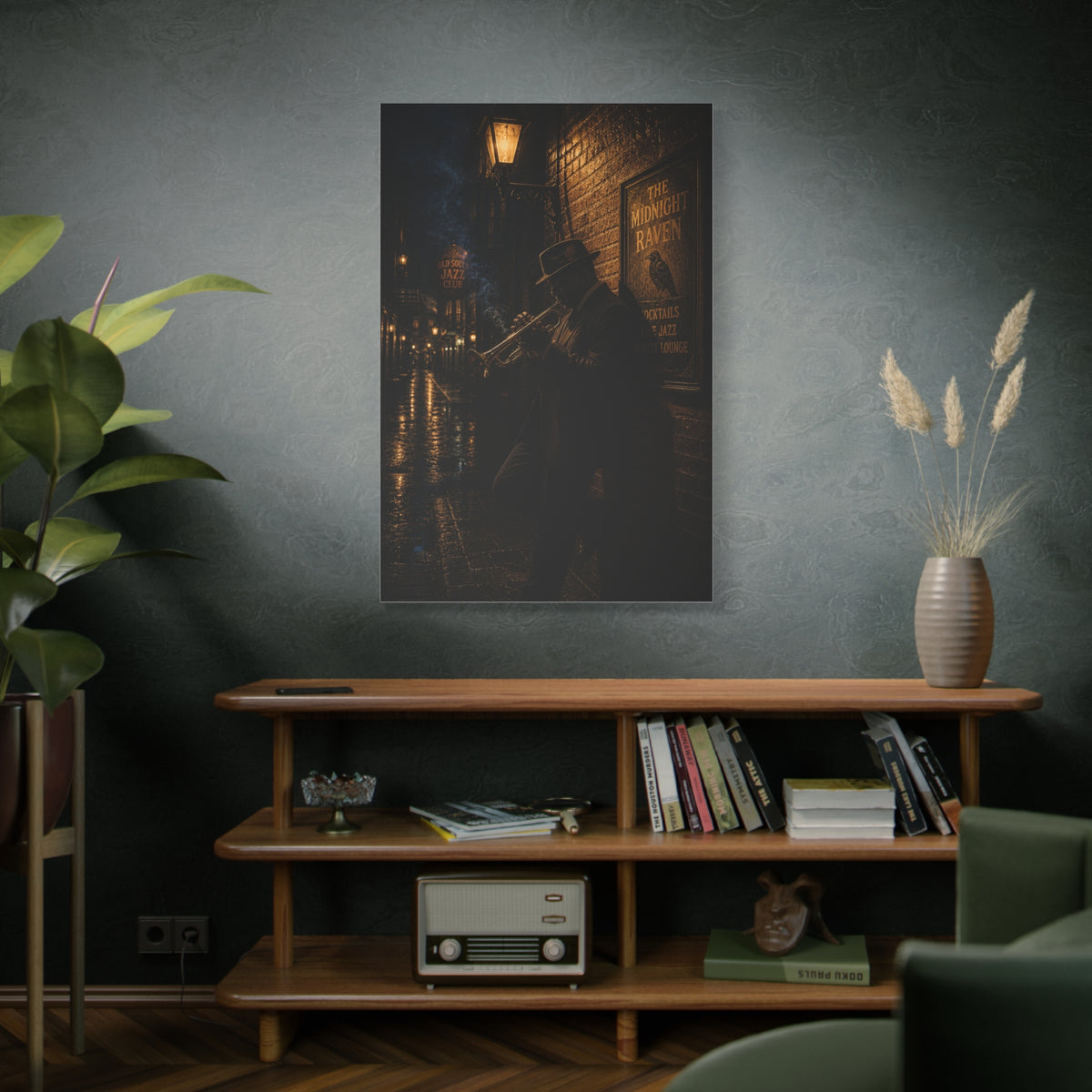 Midnight Jazz Alley Trumpeter Wall Art & Canvas Print
