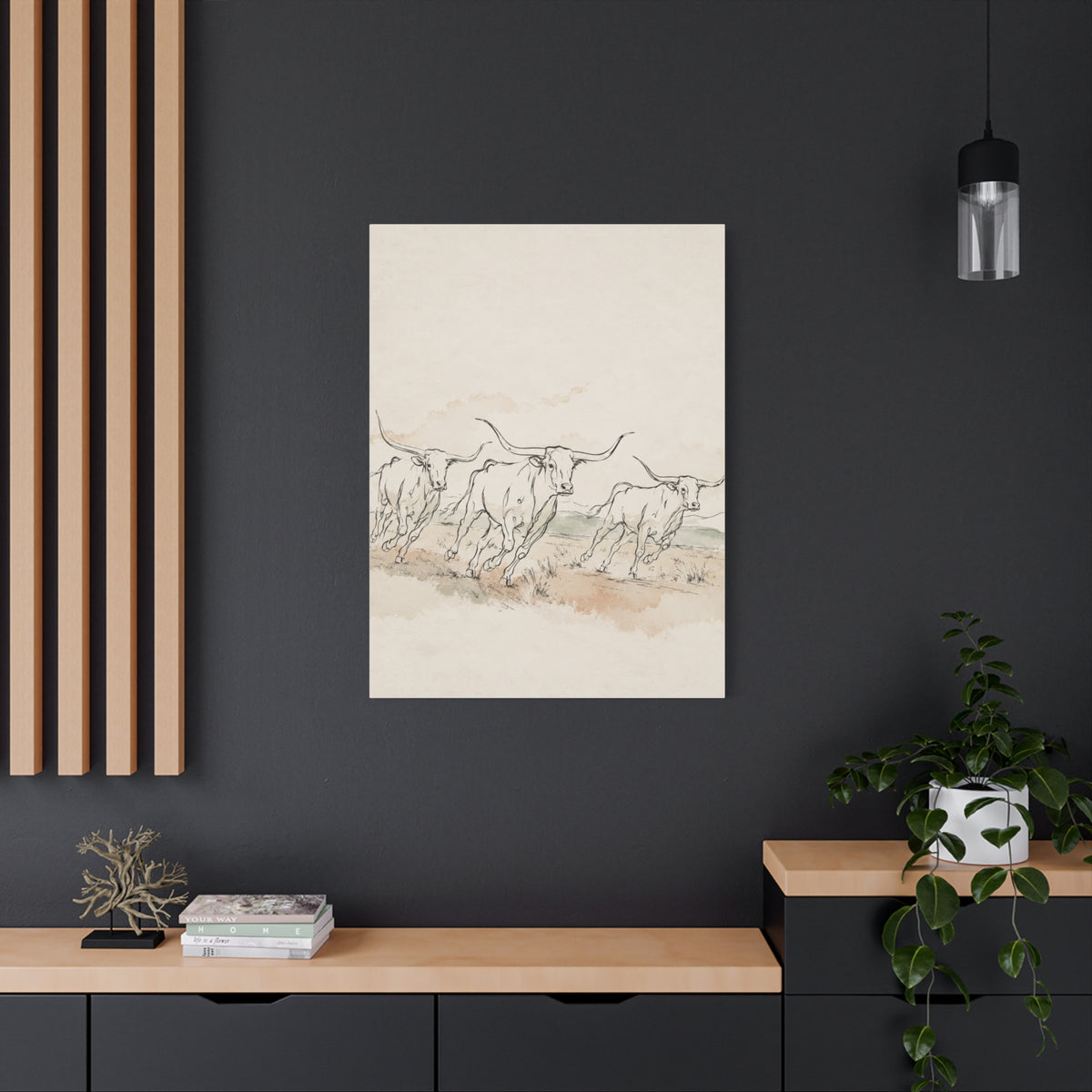 Running Longhorn Line Sketch Panorama Wall Art & Canvas Print
