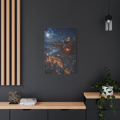 Santa Sleigh Flight Over Snowy Village Wall Art & Canvas Print