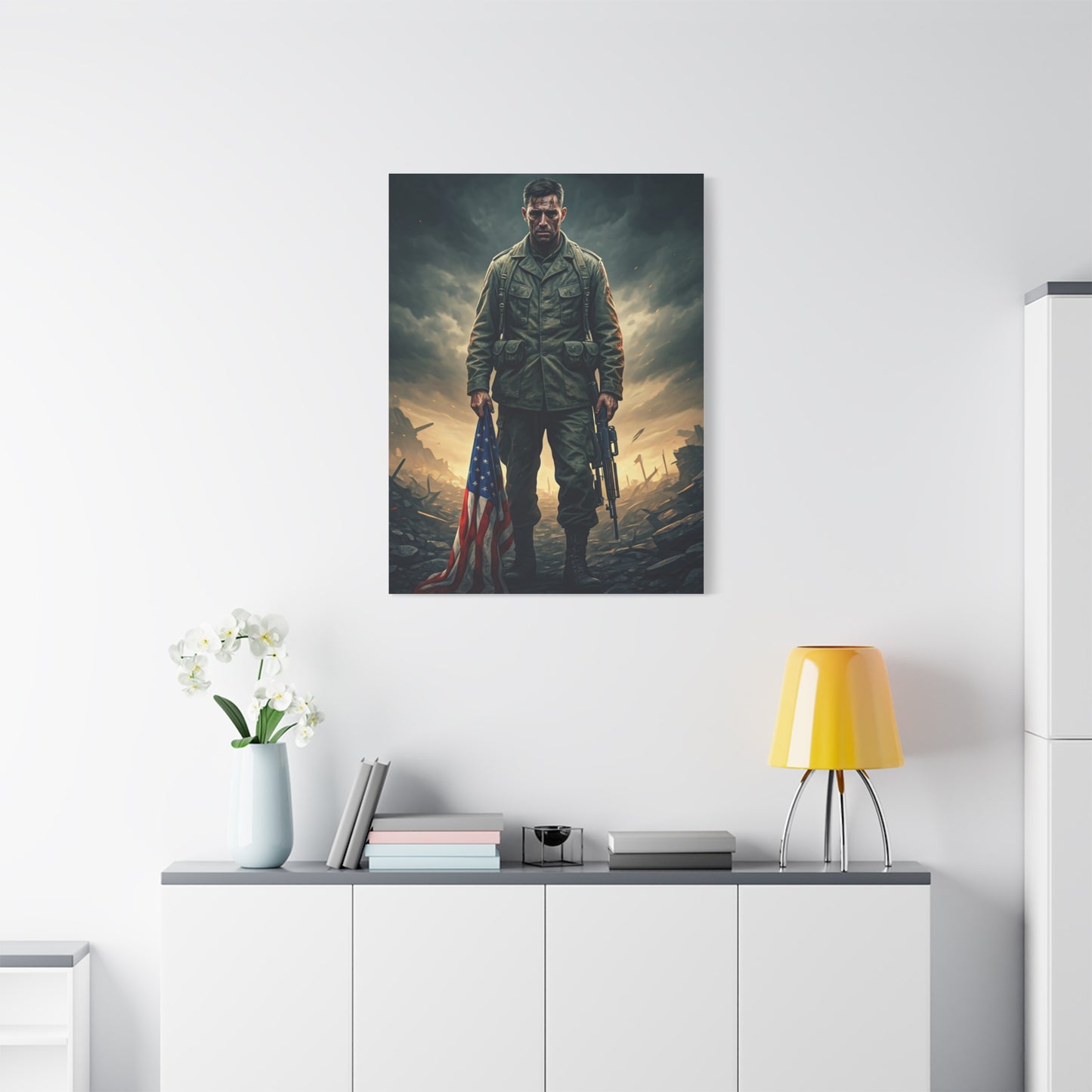 Soldier Standing With Flag of Courage Wall Art & Canvas Prints