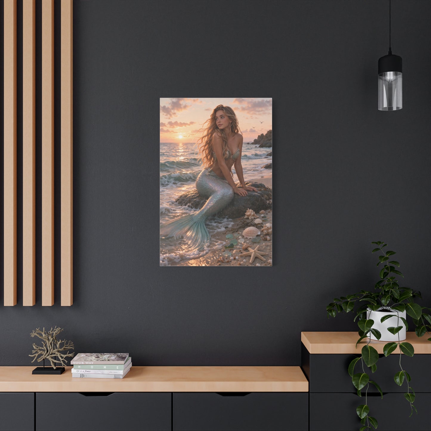 Golden Sunset Shore Mermaid Wall Art & Canvas Print