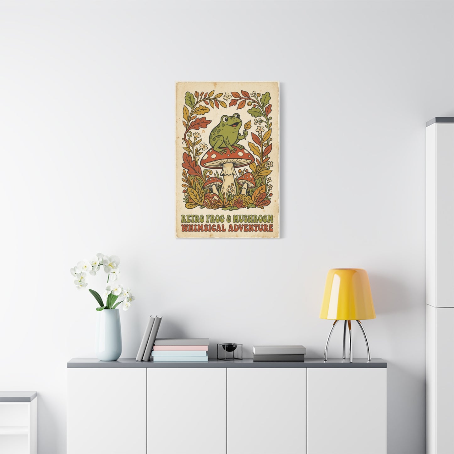 Whimsical Retro Frog and Mushroom Poster Wall Art & Canvas Print