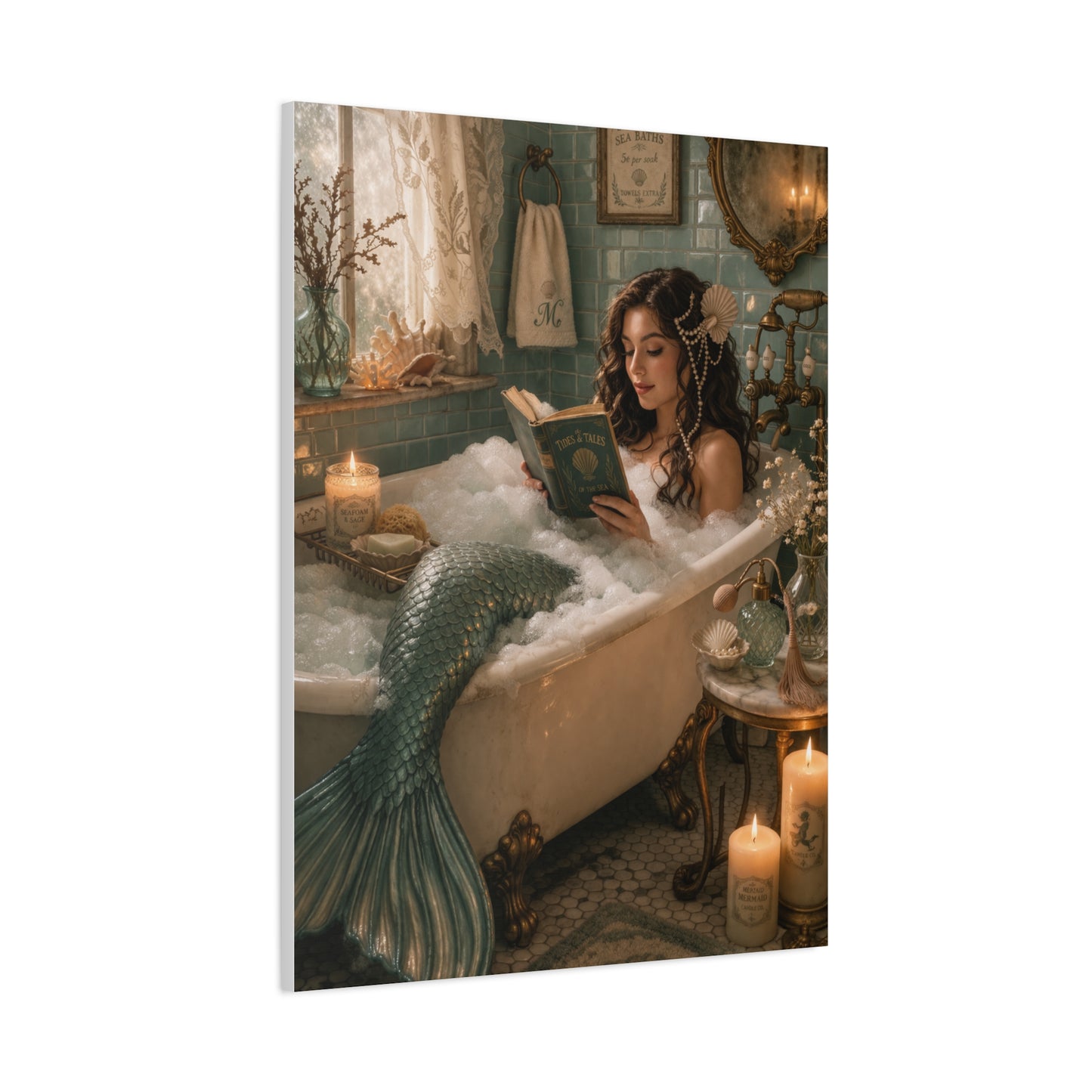 Vintage Bath Mermaid Reading Wall Art & Canvas Print