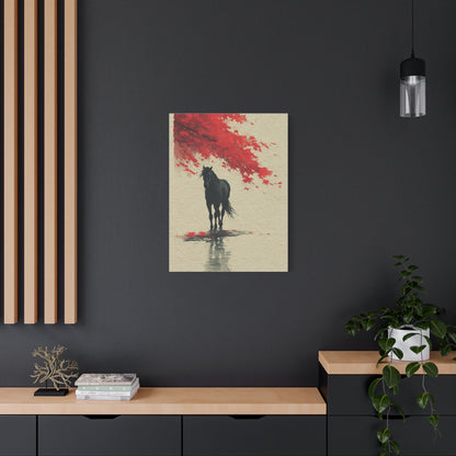 Minimal Horse Silhouette Under Red Maple Wall Art & Canvas Print