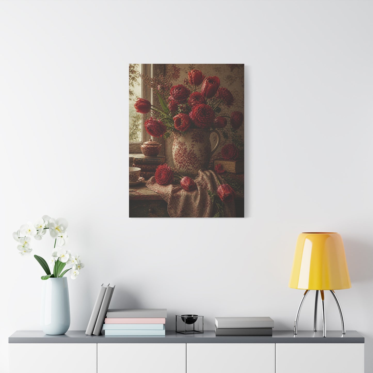 English Cottage Red Floral Still Life Wall Art & Canvas Print
