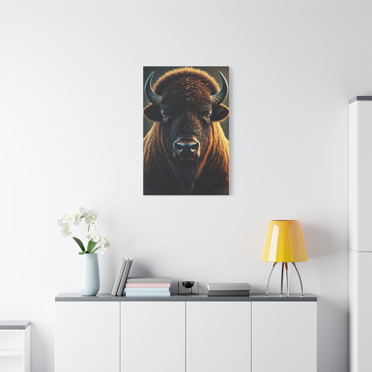 Cinematic Frontal Bison Portrait with Golden Backlight Wall Art & Canvas Print