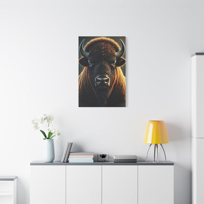 Cinematic Frontal Bison Portrait with Golden Backlight Wall Art & Canvas Print