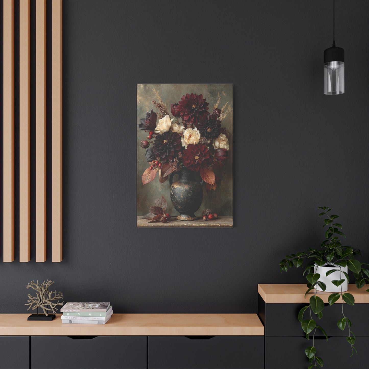Burgundy Dahlia Autumn Floral Still Life Wall Art & Canvas Print
