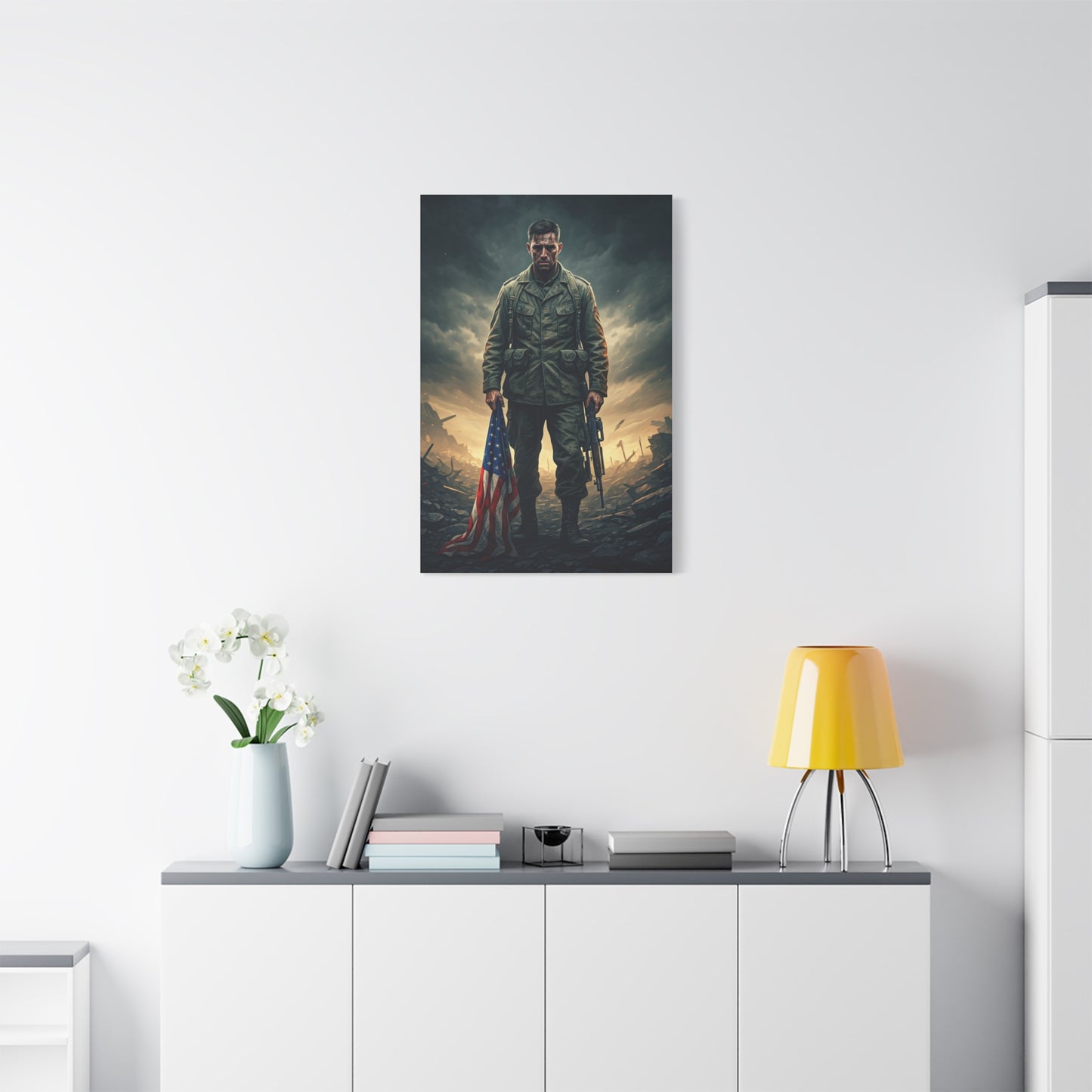 Soldier Standing With Flag of Courage Wall Art & Canvas Prints