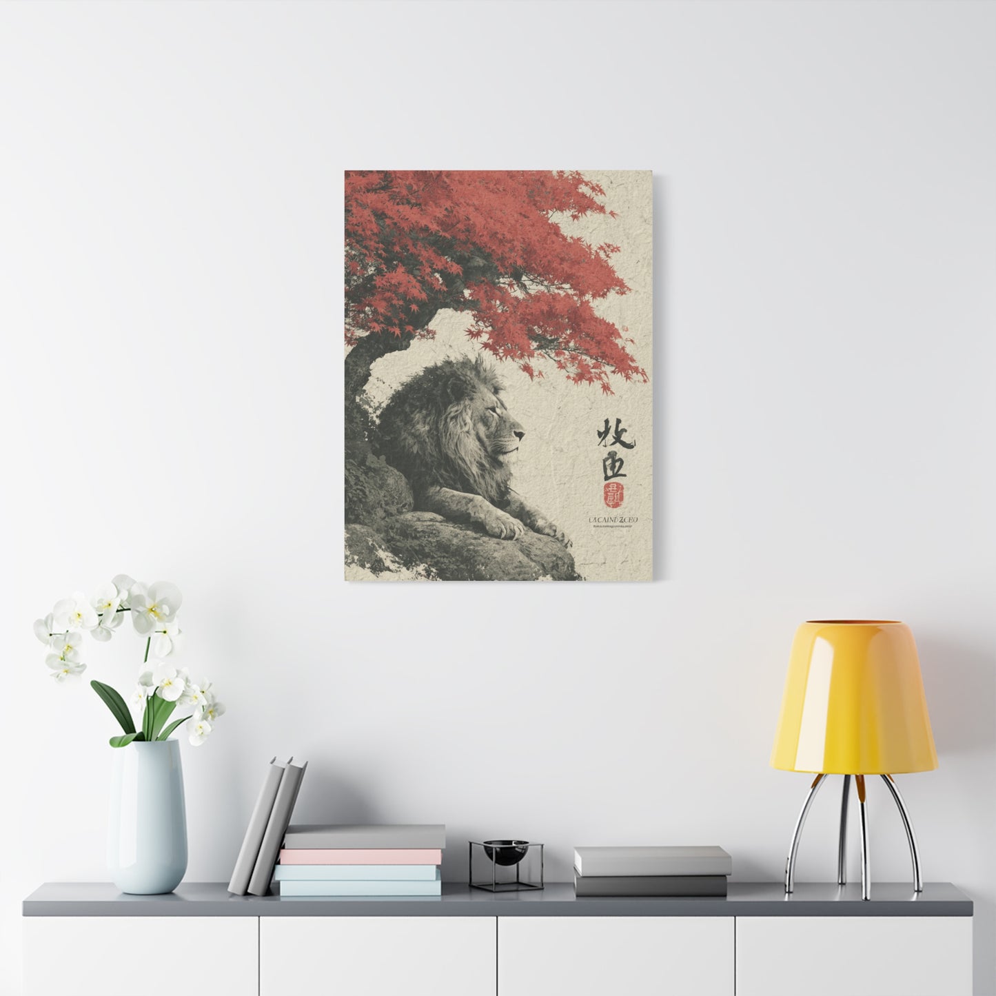 Lion Under Red Maple Zen Composition Wall Art & Canvas Print