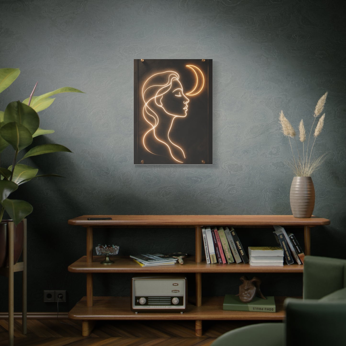 Neon Crescent Muse Line Art Wall Art & Canvas Print