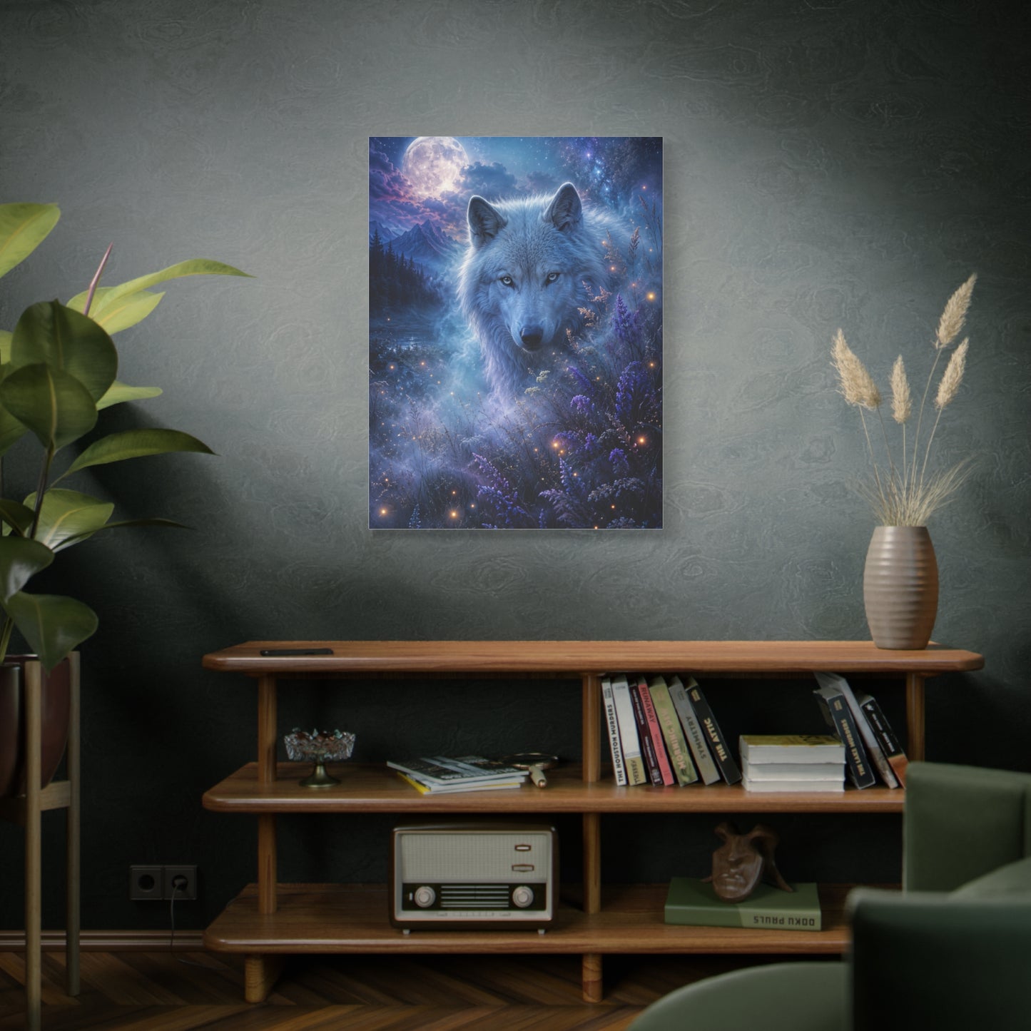 Moonlit White Wolf Portrait Wilderness Scene Wall Art & Canvas Print