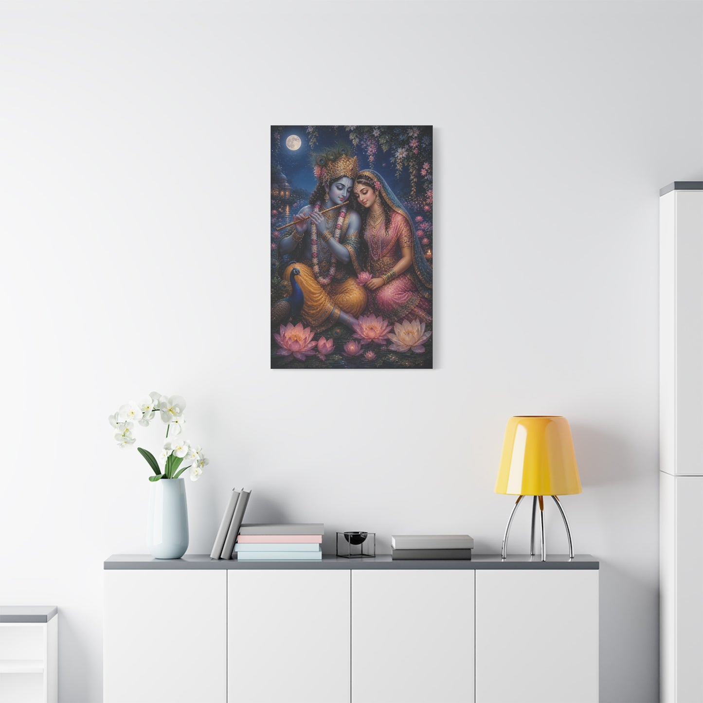 Radha and Krishna Moonlit Lotus Garden Wall Art & Canvas Print