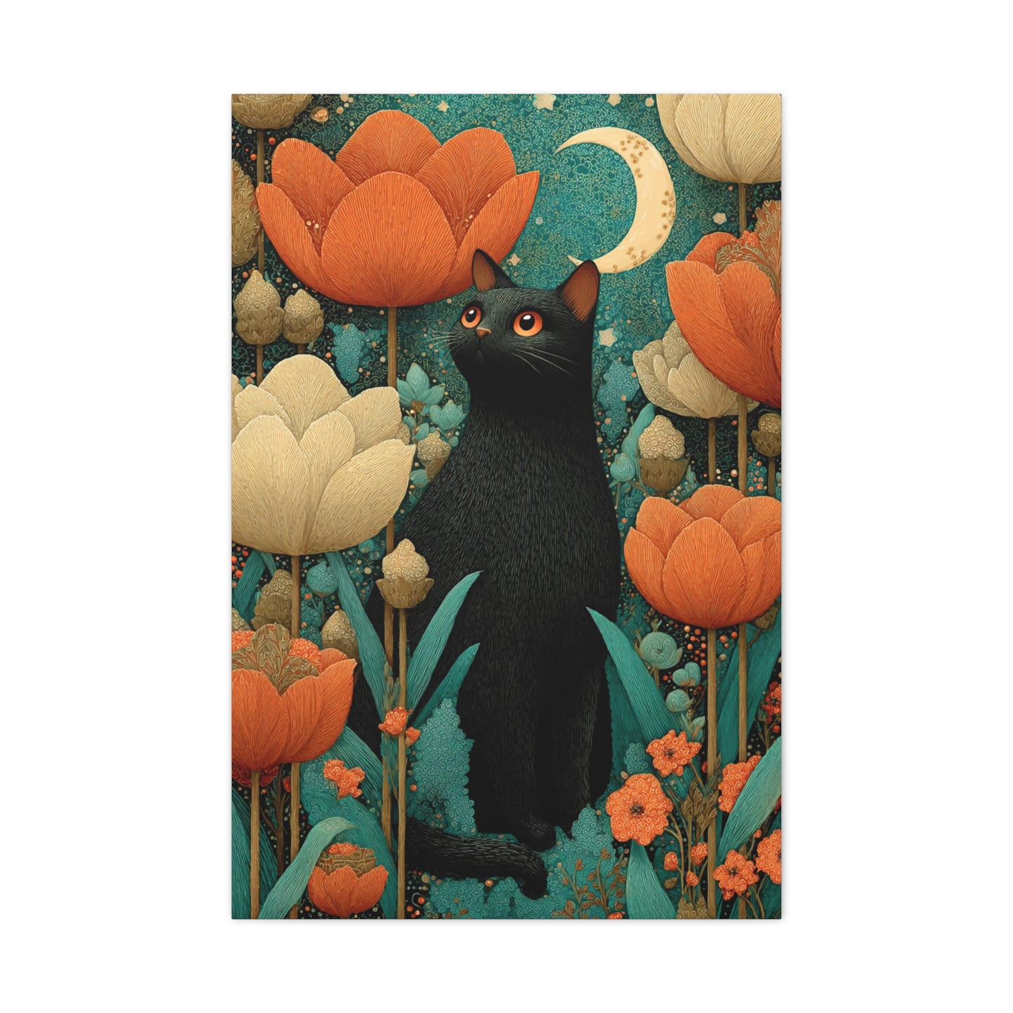 Folk Black Cat Garden Wall Art & Canvas Print