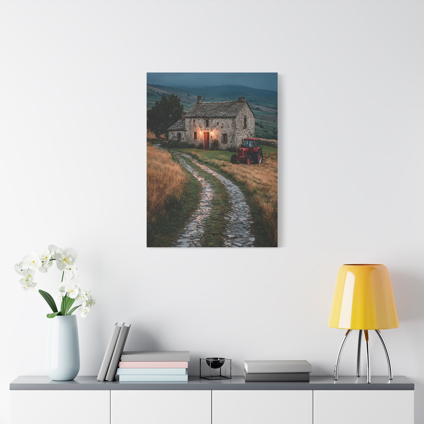 Stone Farmhouse with Red Tractor Landscape Wall Art & Canvas Print