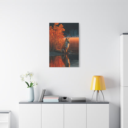 Autumn Lakeside Fox Reflection Wall Art & Canvas Print