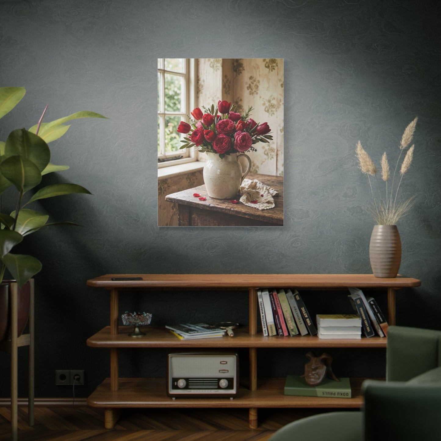 English Cottage Red Tulip Still Life Wall Art & Canvas Print