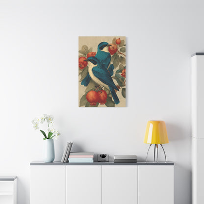 Blue Folk Birds Pomegranate Wall Art & Canvas Print