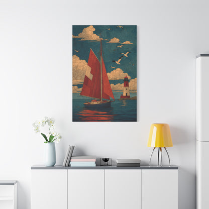 Primitive Coastal Sailboat Folk Wall Art & Canvas Print