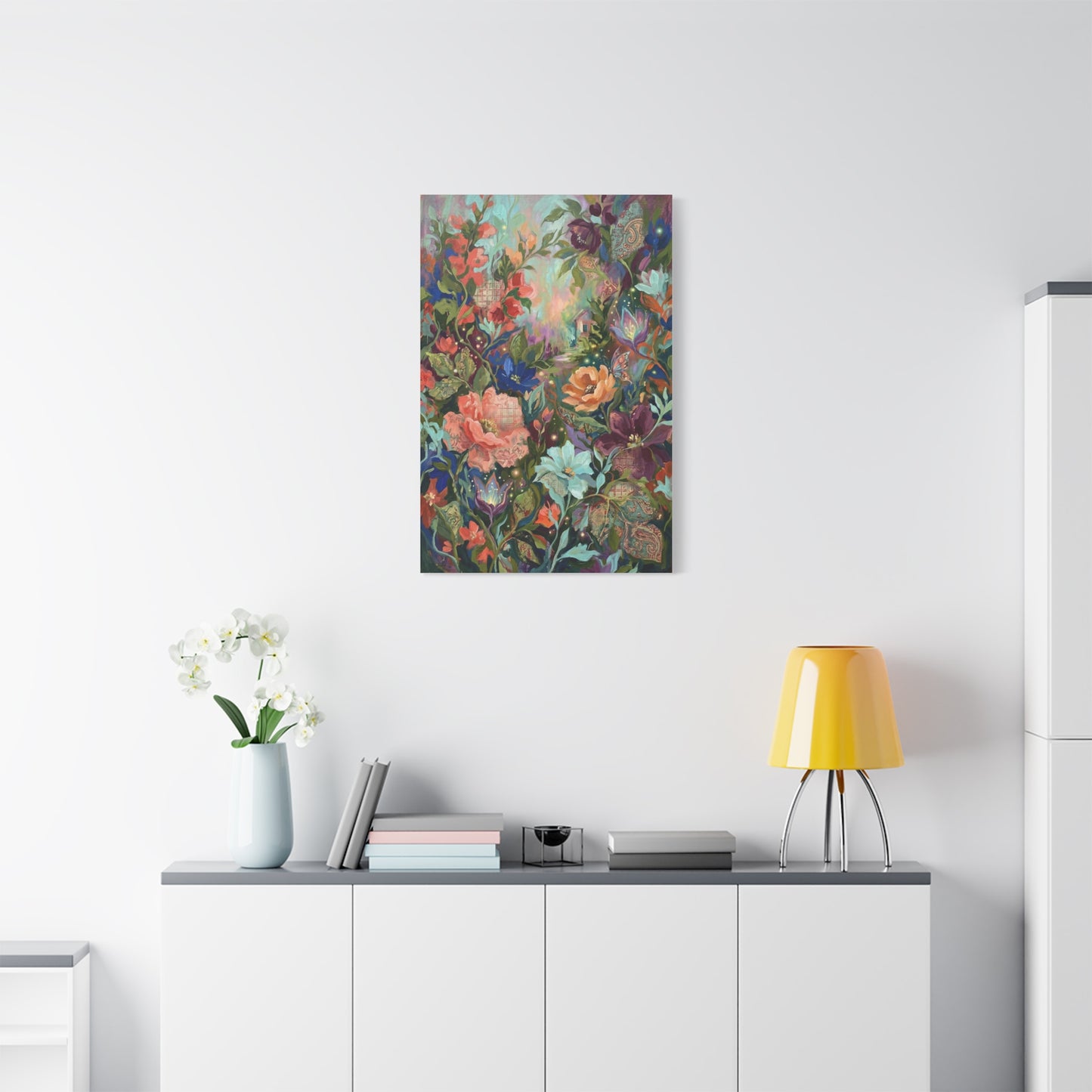 Enchanted Floral Garden & Fireflies Wall Art & Canvas Print
