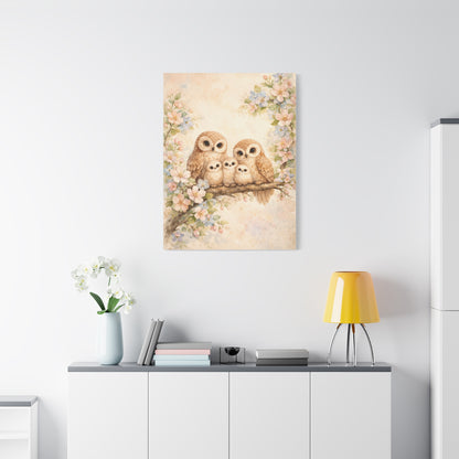 Whimsical Owl Family Blossom Scene Wall Art & Canvas Print